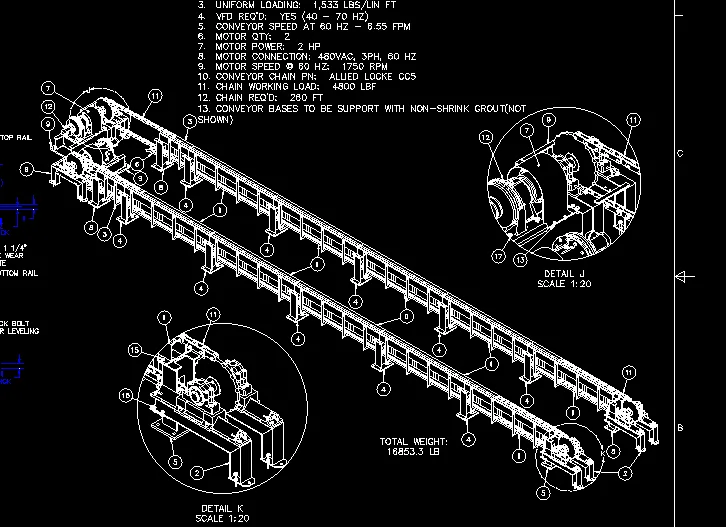 General arrangement drawing of a chain conveyor — plan, front views and sections