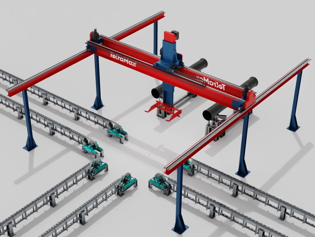 3D render of a gantry pipe-handling system with powered roller conveyors and a transfer cart