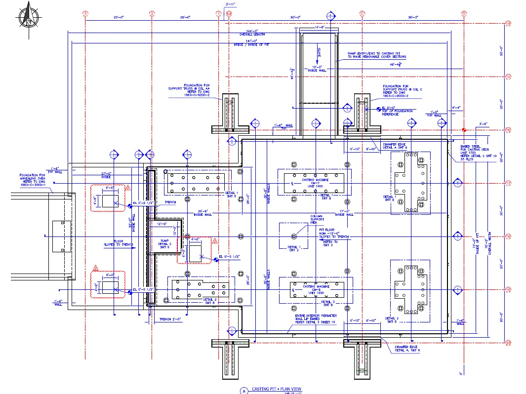 Foundation plan drawing showing pit walls, piers, anchor bolt layouts and grid lines